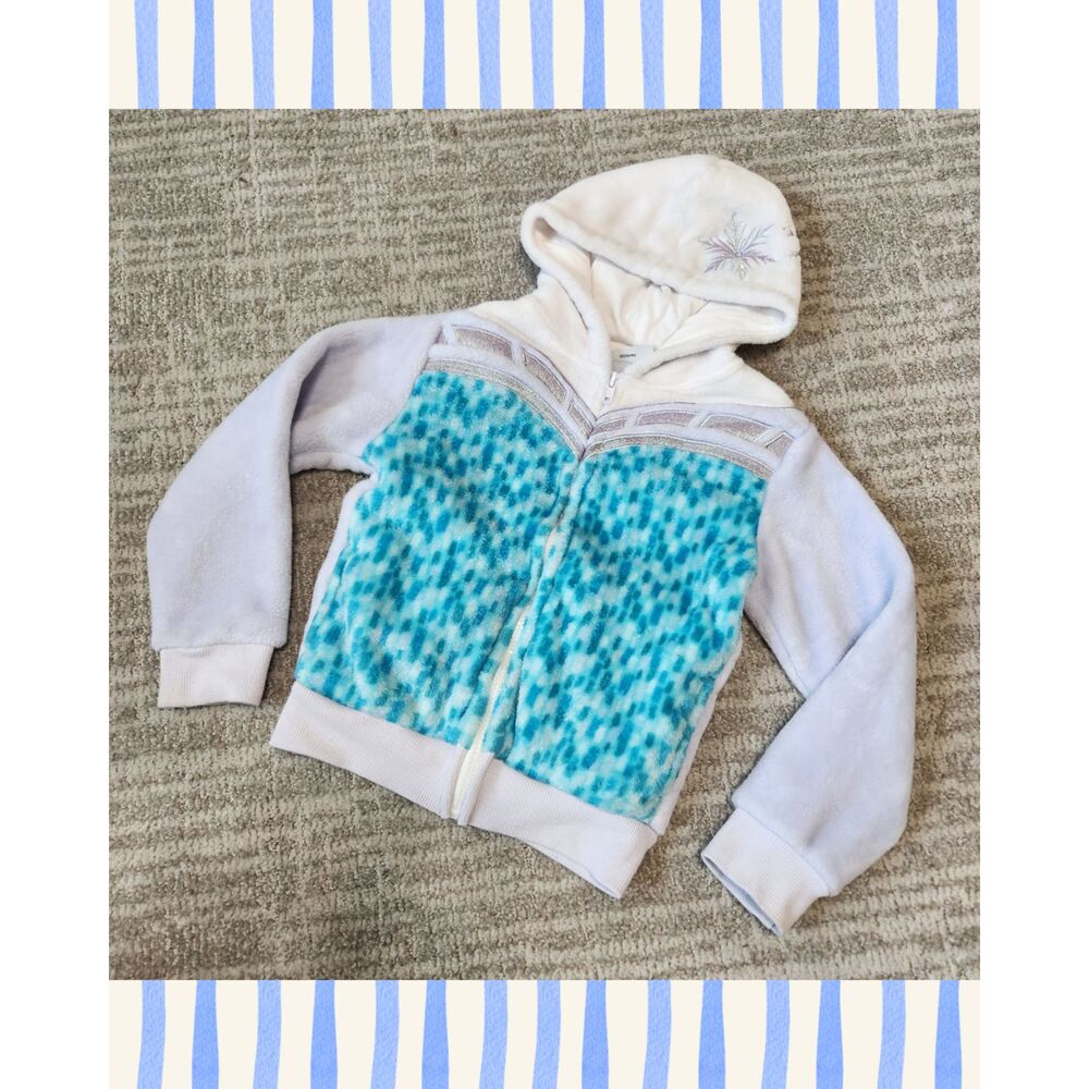 Disney Frozen Elsa Girl Blue White Fuzzy Fleece Zip Up Hoodie Jacket Size XS 4/5